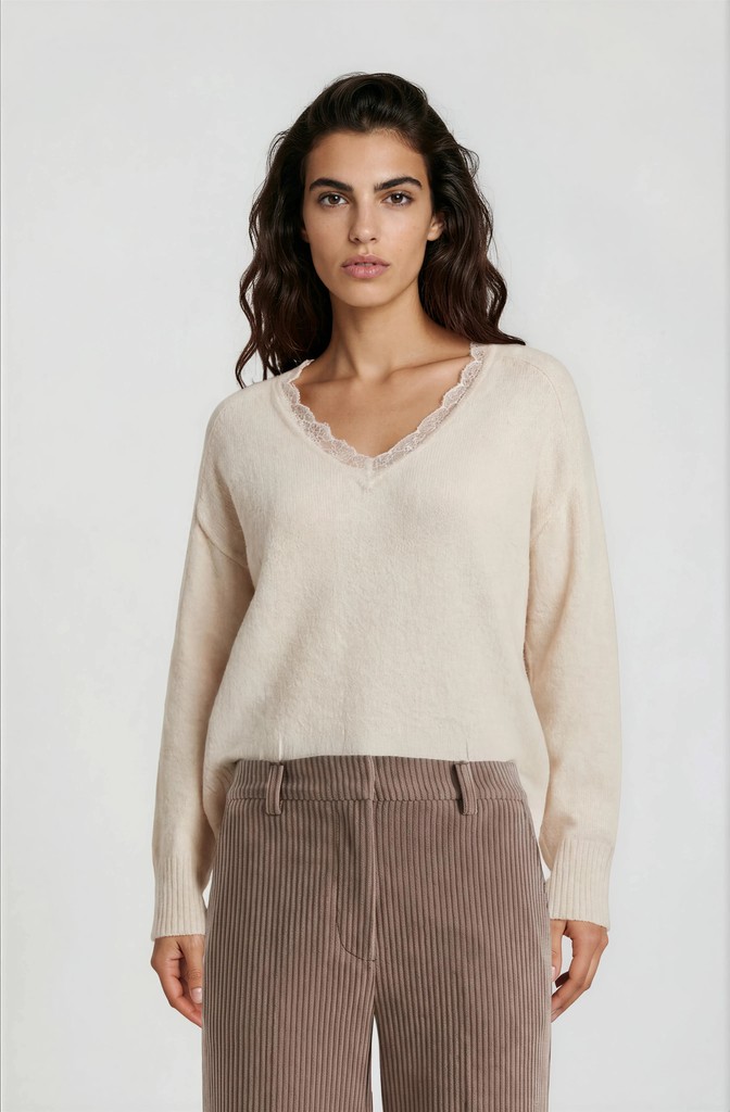 Milano Italy Damenpullover mit Spitzendetail – Creme S
