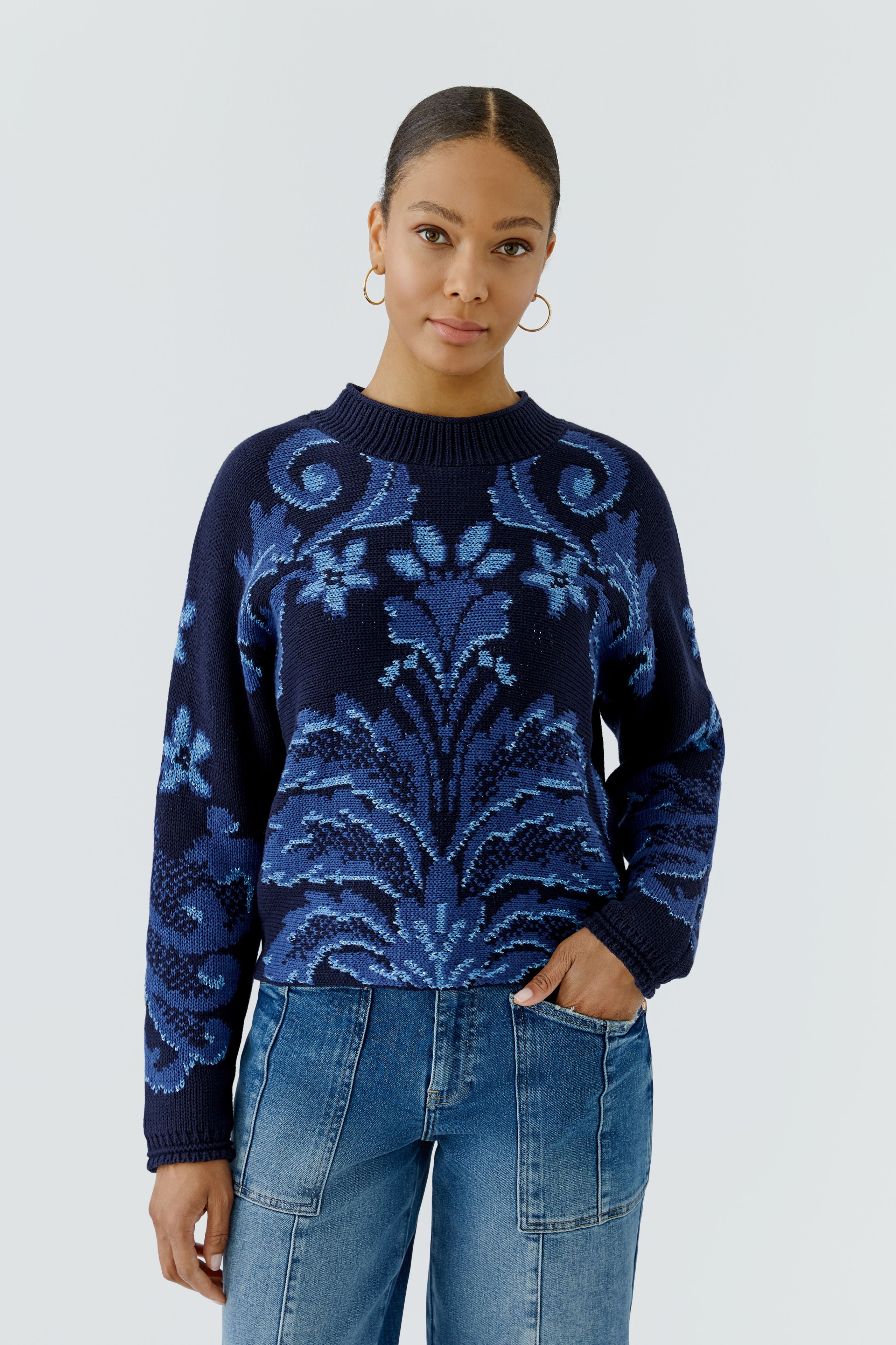 Oui Highlight Baumwoll-Jacquard Pullover 44