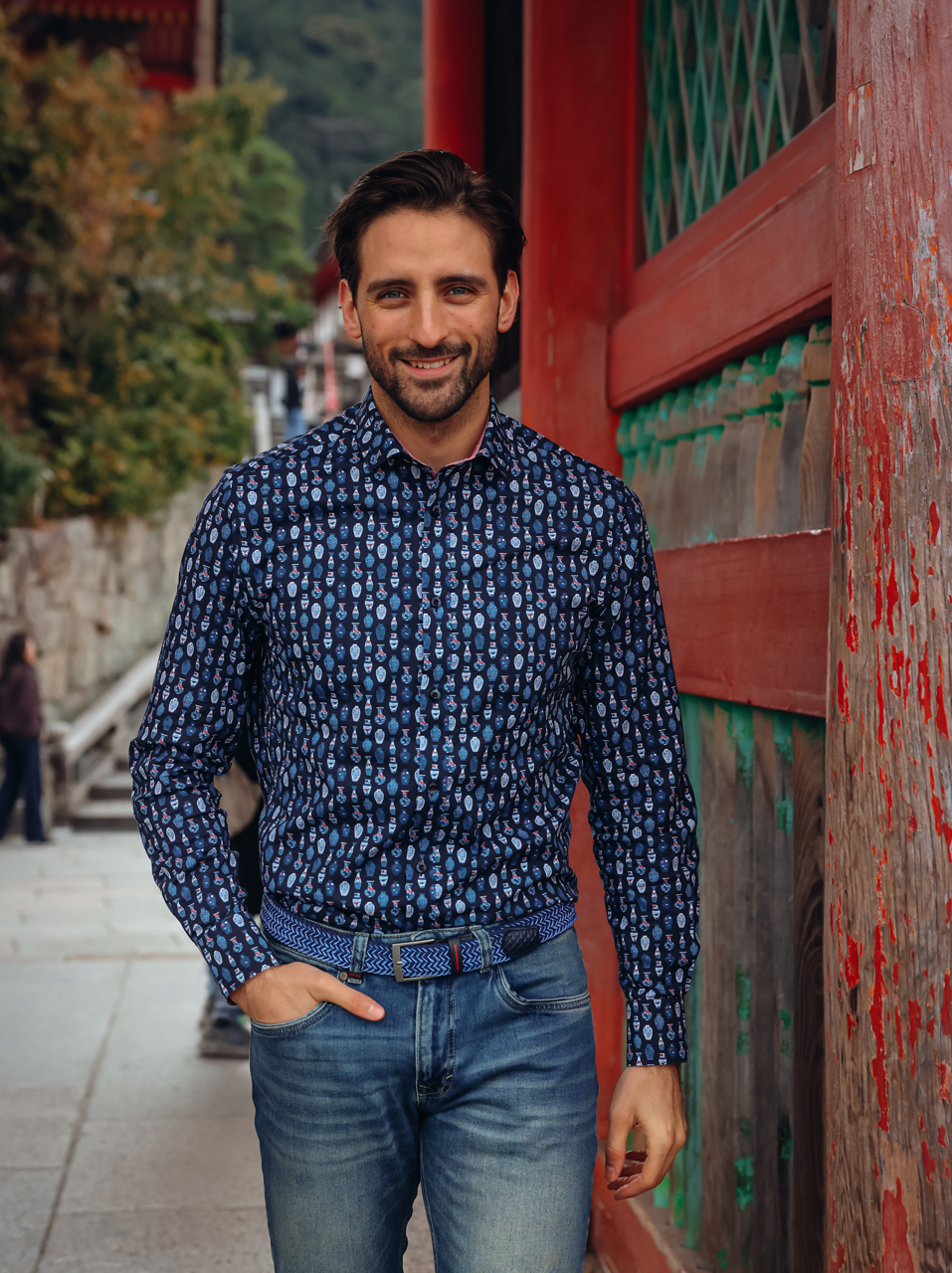 A Fish Named Fred Herrenhemd – Vasen‑Print, Navy XXL